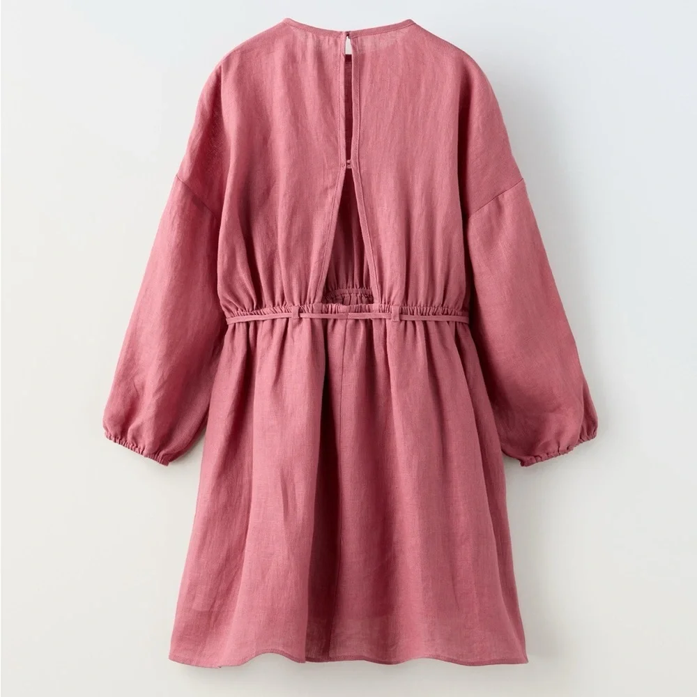 Zara Linen Mauve Tie Waist Back Cut Out Dress Girls 10 year